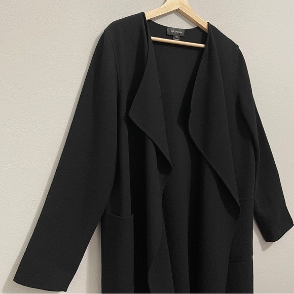 St. John Coatigan 100% Wool Black Knit Cardigan Jacket Long Line Womens 10 - Picture 5 of 13